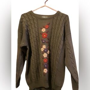 Elegant Olive Cable Knit Sweater with Floral Design